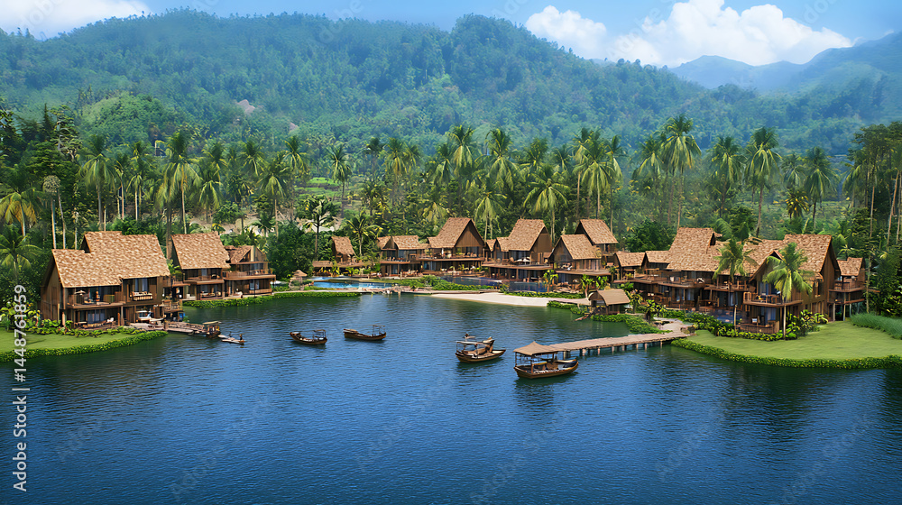 Fototapeta premium Luxury resort with lakeside cabins amidst lush greenery