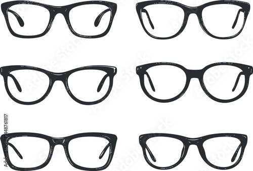 Set of black eyeglass frames with clear lenses isolated on white background in various classic styles.