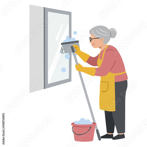 Elderly woman washing windows - caring senior lady cleaning windows in sunlight, her focused face reflecting diligence and cozy domesticity of spring cleaning.