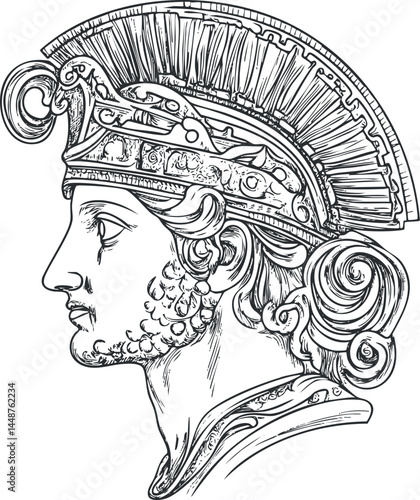 Detailed black and white sketch of an ancient Roman warrior profile wearing a decorative helmet with plume.