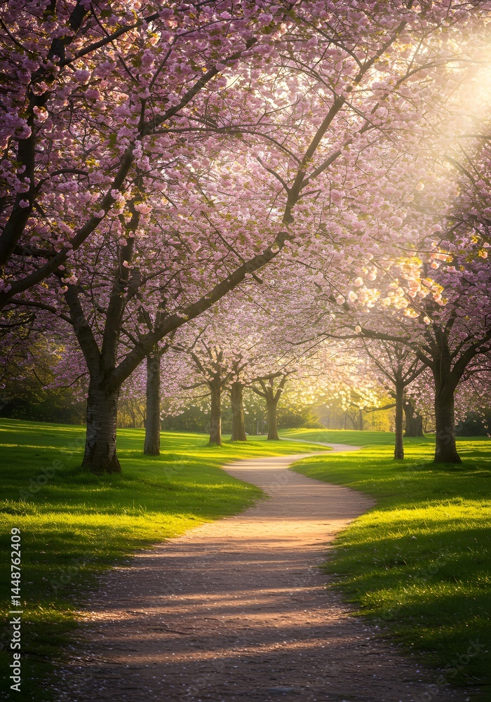 Fototapeta premium A Serene Pathway Embraced by Blossoming Trees Bathed in Golden Sunlight, A Springtime Tranquility Scene, Warmth Inviting and Inspiring a Peaceful Stroll through the Orchard