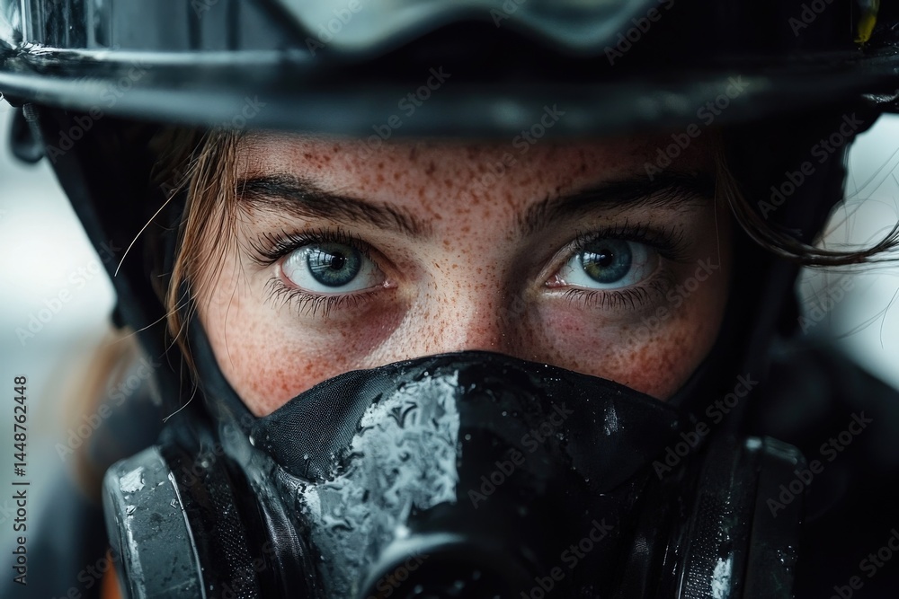 A female firefighter putting on her gear, breaking stereotypes, determination in her eyes A female firefighter putting on her gear, breaking stereotypes, determination in her eyes