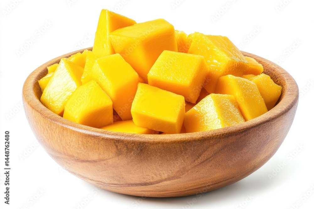 Fresh Mango Chunks in a Wooden Bowl Fresh Mango Chunks in a Wooden Bowl