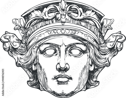 Black and white detailed illustration of an ancient classical statue head with ornamental crown and blank eyes