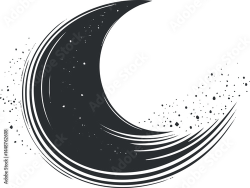Artistic black crescent moon with textured splatter effect on white background