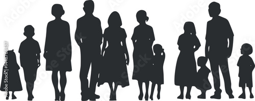 Silhouettes of a diverse family group including adults and children standing together in unity