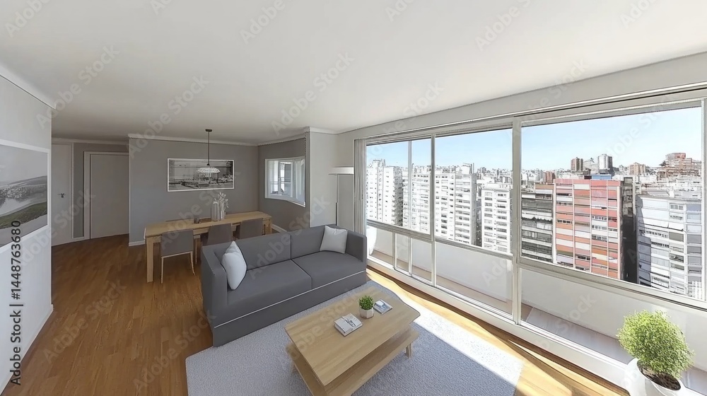 Fototapeta premium Modern, bright apartment interior with city views.