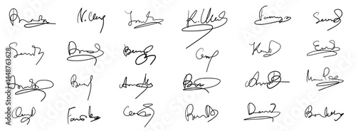 Vector set with fake handwritten personal signatures, sample cursive autographs for  dummy documents, certificate mockups