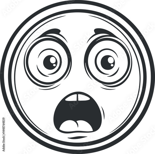 Black and white cartoon emoji face showing a surprised and shocked expression with wide eyes and open mouth.