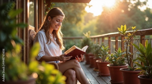 Woman reading book on balcony surrounded by potted plants at golden hour, concept of relaxation and mindful summer leisure