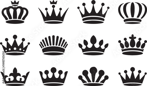 Elegant Crown Icon Set: Collection of Royal and Luxury Silhouettes