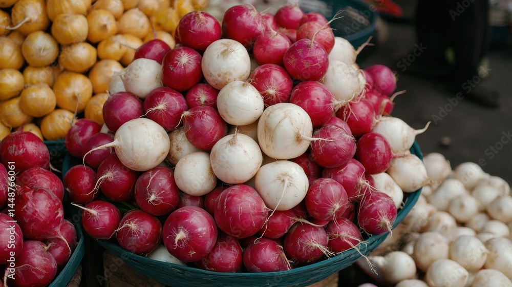 Basket full of red and white turnips at a market. the turnips are arranged in a circular pattern in the basket, with some overlapping each other. Basket full of red and white turnips at a market. the turnips are arranged in a circular pattern in the basket, with some overlapping each other.