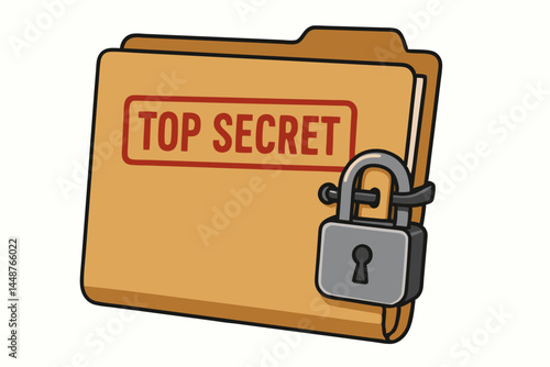 Secure manila file folder labeled Top Secret and locked with a heavy padlock icon, symbolizing confidential reports, classified information, data privacy, and document security vector.