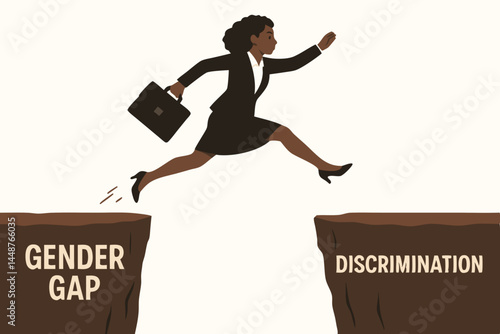Vector illustration of a professional Black woman overcoming obstacles like gender gap and discrimination, leaping towards success, empowerment, and breaking the glass ceiling.