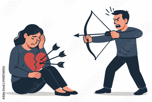 Symbolic vector graphic of a shattered heart illustrating the deep emotional pain of heartbreak, sorrow, loneliness, and relationship breakdown, isolated design element for concepts.