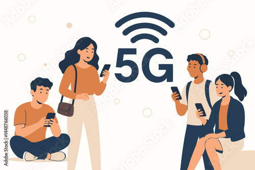 Flat vector illustration showing diverse group of young adults using mobile phones with large 5G symbol. Concept of high-speed internet, wireless network, and modern connectivity.