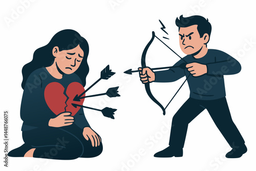 Symbolic vector art of relationship conflict: Angry man uses bow and arrow to inflict emotional pain, targeting a sad woman with a visibly broken heart pierced by arrows.