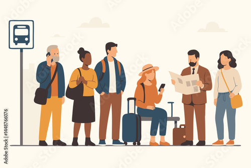 Flat vector illustration depicting a diverse crowd of men and women, commuters and travelers, waiting patiently at a bus stop sign in an urban city environment for public transport.