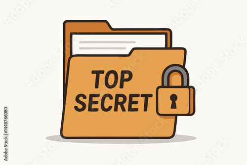 Top Secret folder with padlock icon vector illustration, representing confidential information, data security, privacy, classified documents, and secured reports in a flat design style.