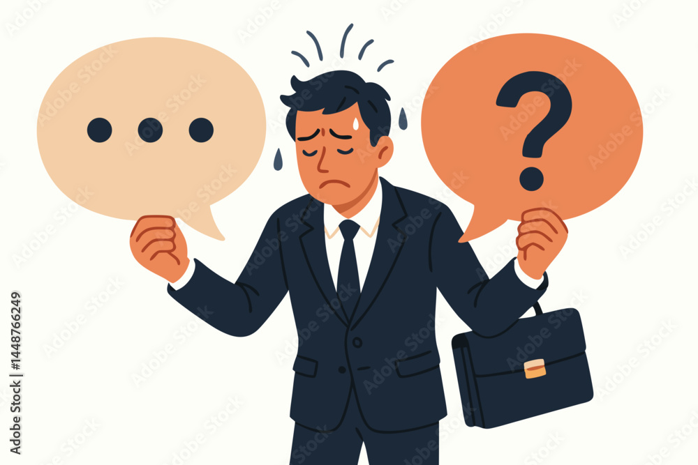 Vector illustration of a stressed corporate professional experiencing communication difficulties and uncertainty, holding question mark and ellipsis speech bubbles. Business anxiety concept. Vector illustration of a stressed corporate professional experiencing communication difficulties and uncertainty, holding question mark and ellipsis speech bubbles. Business anxiety concept.