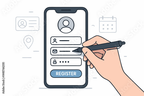 Mobile App Registration Vector Illustration: Hand with Stylus Filling User Signup Form on Smartphone Screen for Online Account Creation, Profile Setup, Login Access & Data Input.