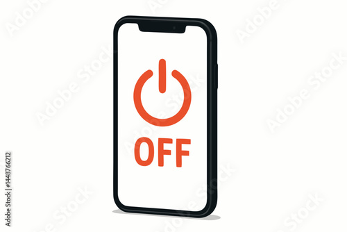 Modern smartphone vector illustration with bright orange power off symbol and text displayed on the screen. Concept for turning off device, digital detox, disconnecting, saving energy.