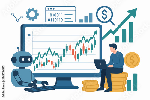 Automated Trading Analysis using AI Bot and Trader with Laptop Monitoring Stock Market Candlestick Chart for Fintech Investment Growth and Financial Technology Strategy Vector.