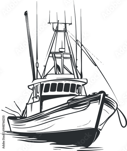 Black and white sketch of a fishing boat with mast and cabin on water for nautical and marine themes