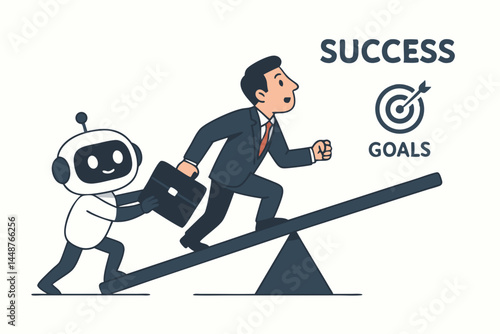 Artificial intelligence robot supports entrepreneur climbing a lever towards career goals and business success, technology boosting growth concept flat cartoon vector illustration.