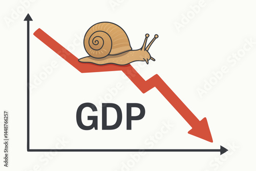 GDP falling slowly vector graphic depicting a snail on a declining red arrow chart, representing economic downturn, sluggish growth, recession metaphor, and financial crisis illustration.
