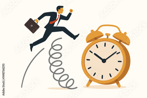 Agile businessman with briefcase springs forward, jumping over a large alarm clock, symbolizing proactive time management, meeting deadlines, and boosting productivity. Vector concept.