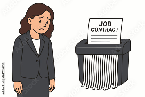 Disappointed woman in suit sees job contract destroyed in shredder. Concept illustration for unemployment, failed application, termination, and business disappointment vector art.