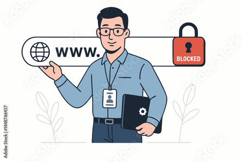 IT professional presents blocked web access with browser address bar and red padlock icon, illustrating internet security, censorship, parental controls, and website filtering technology vector.