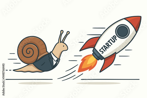 Vector illustration of a business race showing a fast startup rocket overtaking a slow snail in a suit, representing competition, innovation, acceleration, and business strategy.