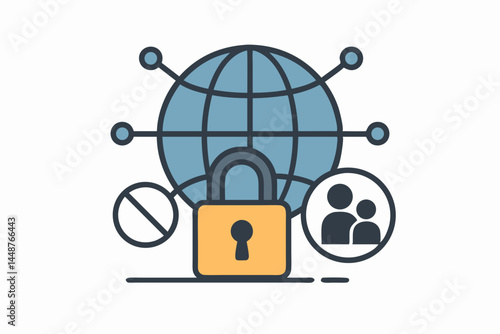 Cybersecurity flat vector icon representing secure global internet access, network data protection, user privacy management, and blocking unauthorized connections with padlock symbol.