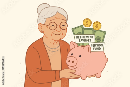 Happy elderly woman holding a piggy bank full of retirement savings and pension fund money, symbolizing financial security, investment planning, and wealth management for seniors.