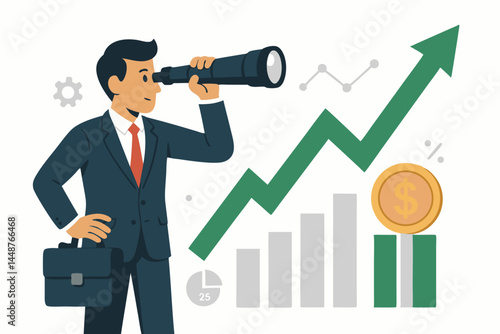 Businessman uses telescope to seek stock market opportunities and financial growth, observing rising chart and graph indicating future investment success and business forecast vector.