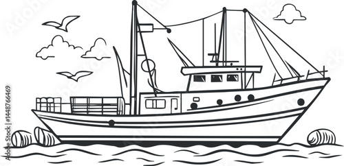 Black and white line drawing of a fishing boat on the water with seagulls and clouds in the sky