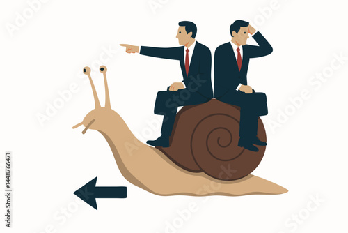 Slow Business Progress Concept: Two Businessmen in Suits Riding a Giant Snail, Pointing and Looking Forward, Symbolizing Inefficiency, Delays, and a Gradual Corporate Journey Vector