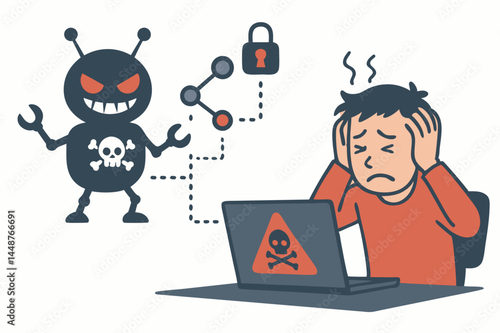Cybersecurity vector illustration: Worried user confronts malicious bot virus on laptop, symbolizing hacking attempt, data protection failure, network security breach, and online threat. Cybersecurity vector illustration: Worried user confronts malicious bot virus on laptop, symbolizing hacking attempt, data protection failure, network security breach, and online threat.