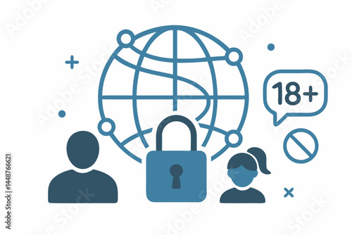 Online safety concept vector illustration with globe, padlock, and user icons symbolizing secure internet access, age restriction (18+), content filtering, and parental control for children.