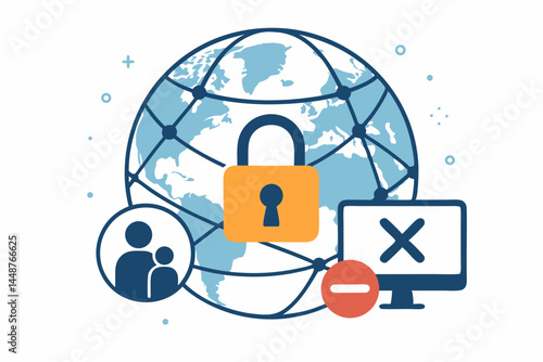 Abstract Secured Global Network vector illustration showing worldwide internet connection technology, data protection, and cybersecurity concepts for digital communication background.