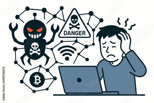 Cybersecurity concept vector showing a stressed user facing online danger from a malware bot virus on a network, illustrating hacking, ransomware threats, and Bitcoin extortion risks.