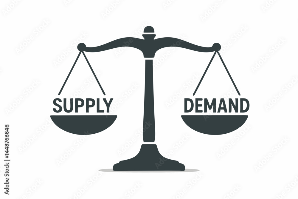 Vector illustration of a balance scale weighing supply versus demand, representing economic principles, market equilibrium, financial stability, and business strategy concepts. Vector illustration of a balance scale weighing supply versus demand, representing economic principles, market equilibrium, financial stability, and business strategy concepts.