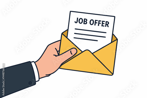 Hand holds open yellow envelope showing job offer letter. Vector graphic illustrating successful hiring, recruitment process conclusion, career opportunity acceptance, new employment notification.