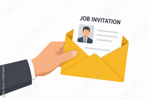 Job invitation concept vector graphic. Male hand in suit holding an open mail envelope with an employment offer letter, illustrating recruitment process and hiring success for business.