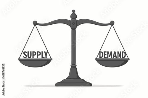Vector illustration of a balance scale perfectly weighing Supply and Demand, representing economic equilibrium, market forces, business stability, and financial concepts in a flat design style.