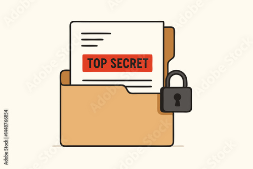 Vector graphic depicting a confidential Top Secret report file securely locked in a manila folder with a padlock, symbolizing data protection, privacy, and classified information.