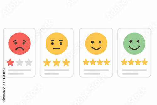 Customer feedback rating scale icons with emoticons and stars. Vector illustration set showing satisfaction levels from poor to excellent for user experience reviews and surveys.