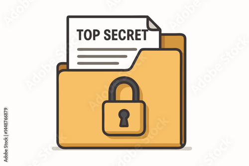 Secure manila folder icon with padlock containing top secret document, representing confidential data protection, privacy, classified information access, and secure file storage vector concept.